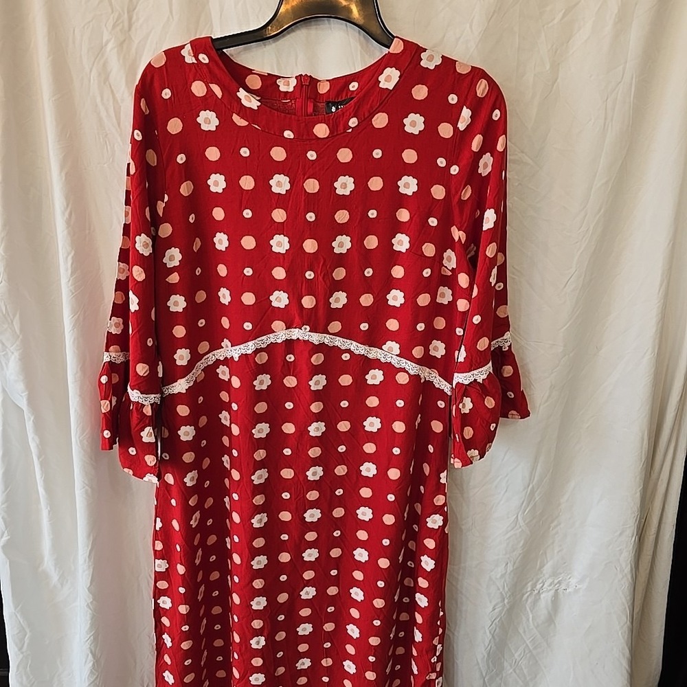 Red Polka Dot Midi Dress with Lace Trim - Picture 2 of 16